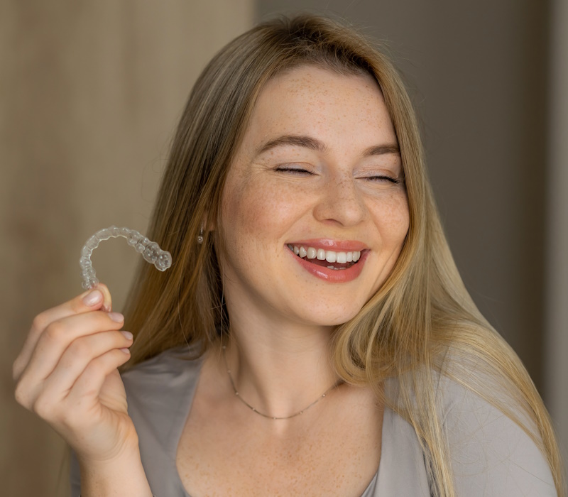 A cheerful young woman is smiling while holding a dental aligner for orthodontic treatment.