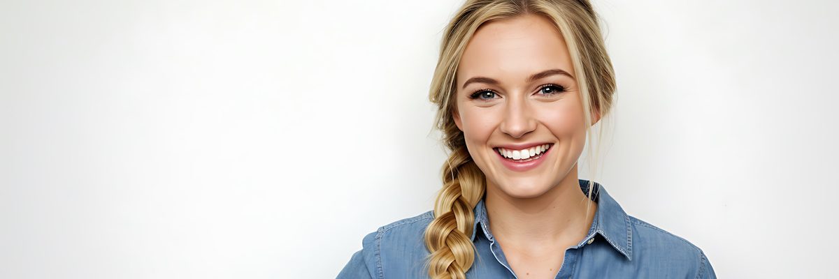 Smiling woman with blonde braid and denim shirt against white background Smiling woman with blonde braid and denim shirt against white background